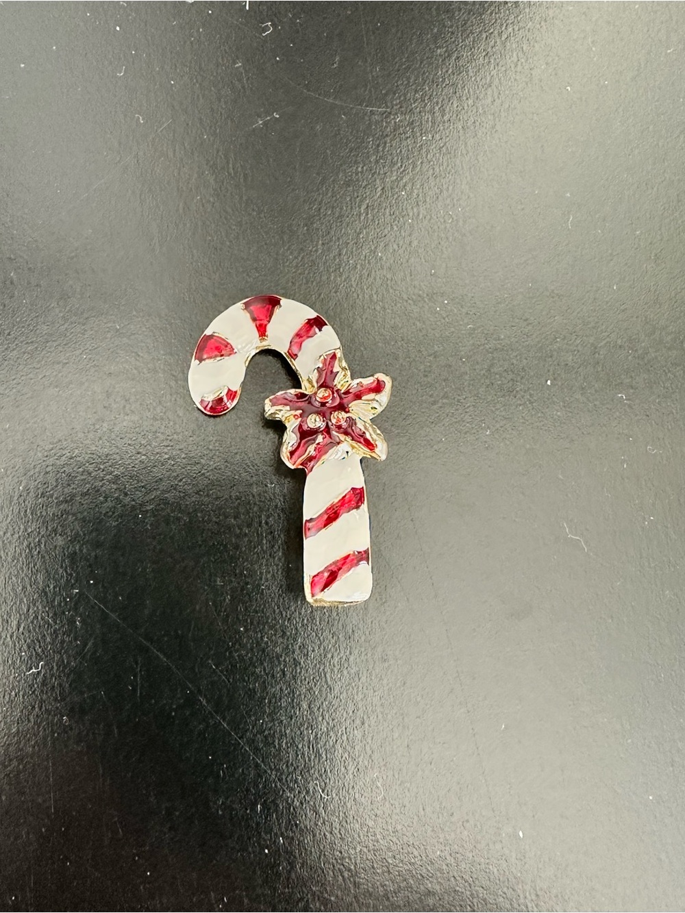 Vintage Candy Cane Holiday Pin - White & Red with Poinsettia Flower